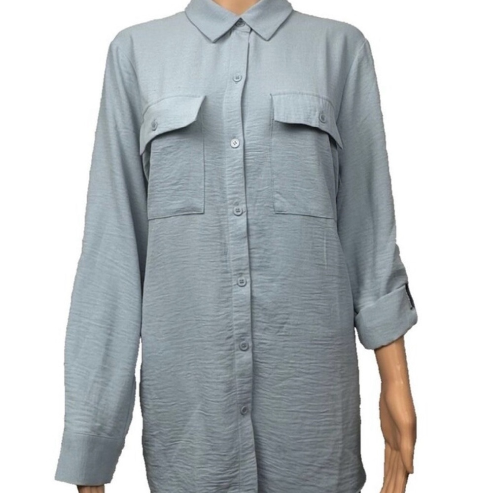 NWT Hilary Radley Womens L Light Blue Dress Button Up Blouse Shirt Top Coverup